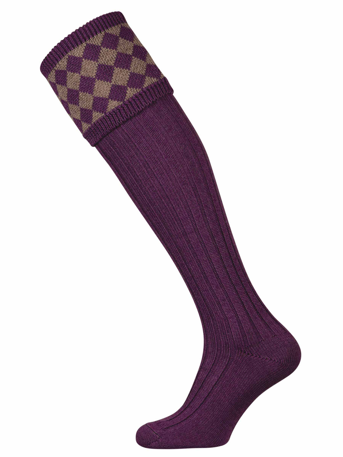 Full length knitted shooting sock in purple with grey chessboard pattern.