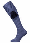 Plain blue shooting sock with trellis knitted pattern and optional navy blue garter