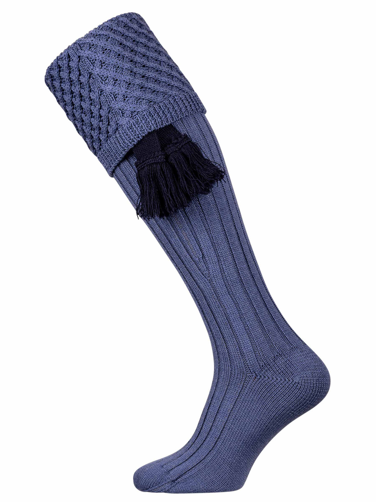 Plain blue shooting sock with trellis knitted pattern and optional navy blue garter