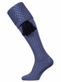 Plain blue shooting sock with trellis knitted pattern and optional navy blue garter