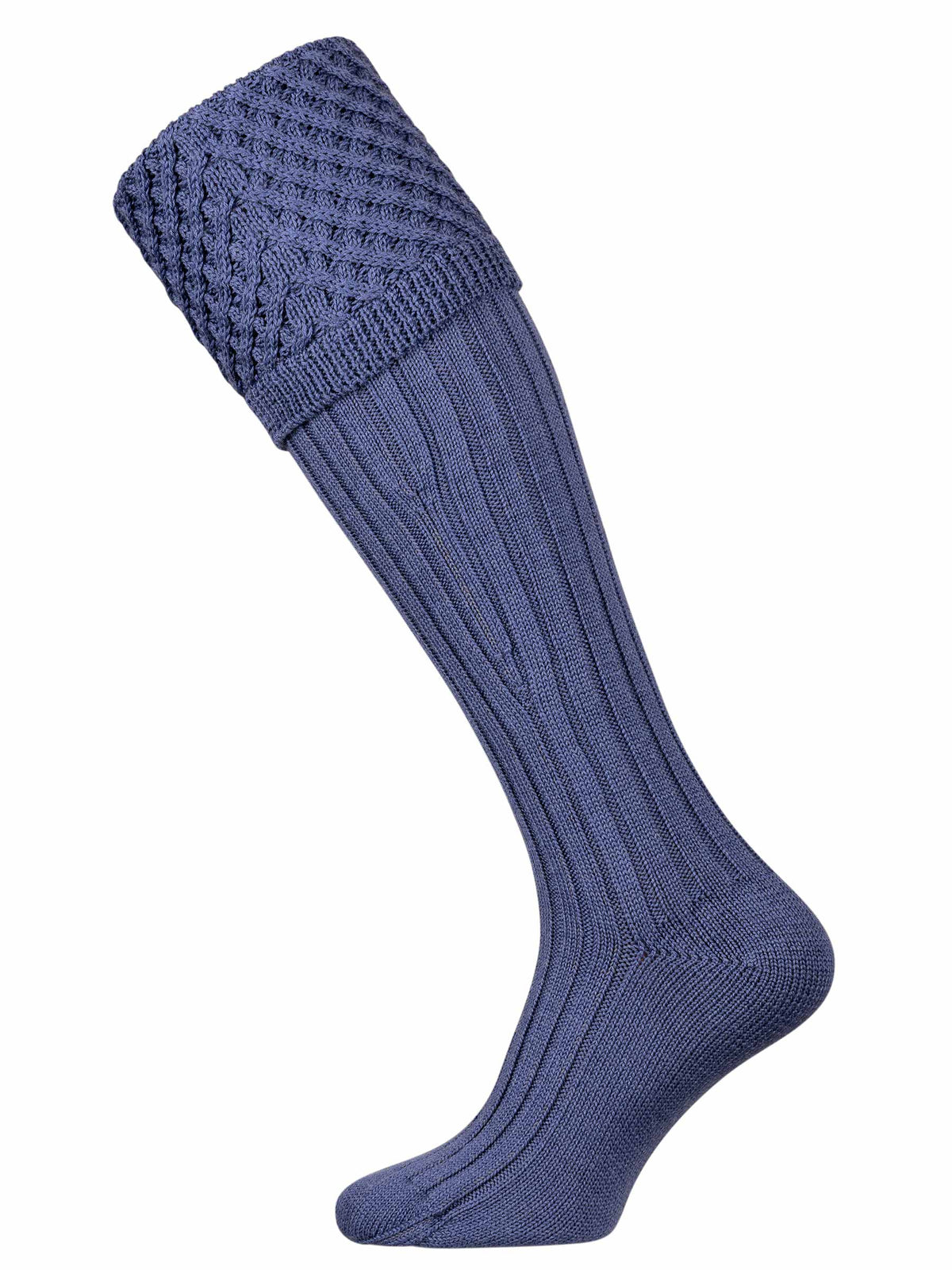 Plain blue shooting sock with trellis knitted pattern