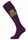 Plain purple shooting sock with trellis knitted pattern and optional sage green garter