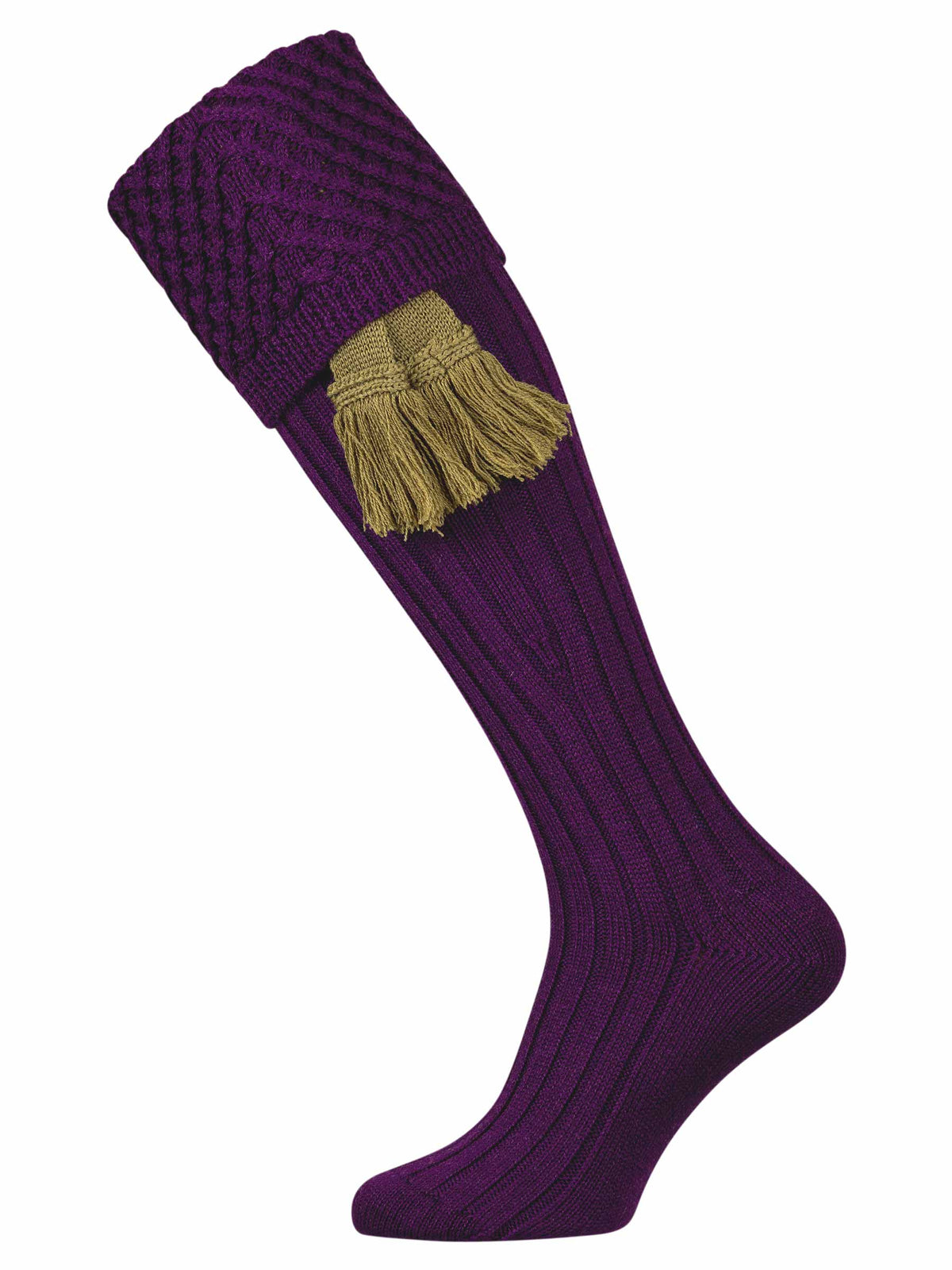Plain purple shooting sock with trellis knitted pattern and optional sage green garter