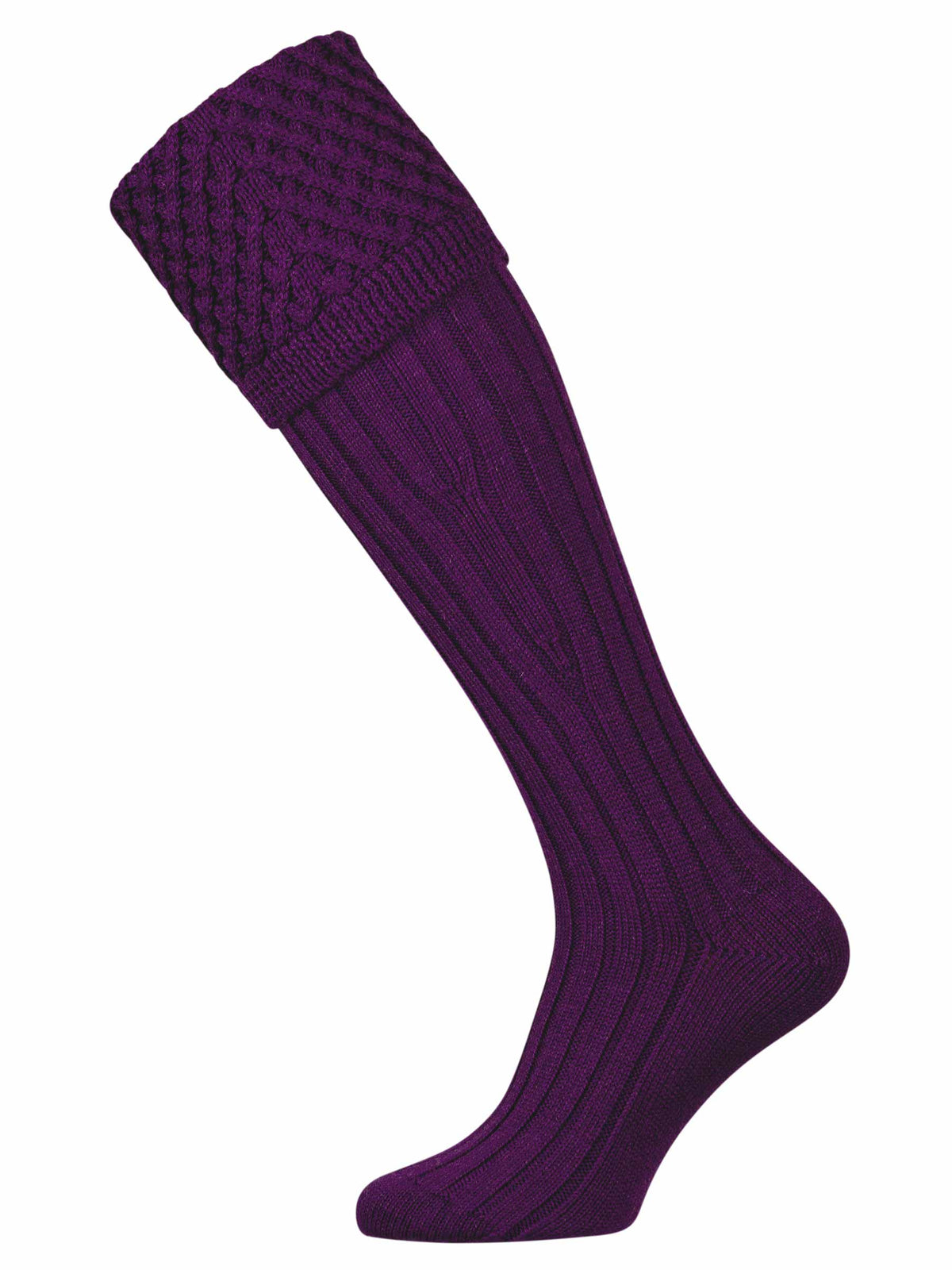 Plain purple shooting sock with trellis knitted pattern.