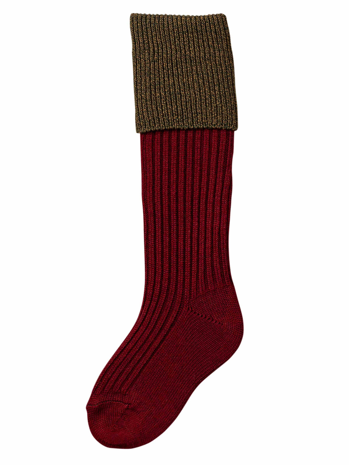 Children's knitted merino wool shooting socks, burgundy leg with bracken turnover.