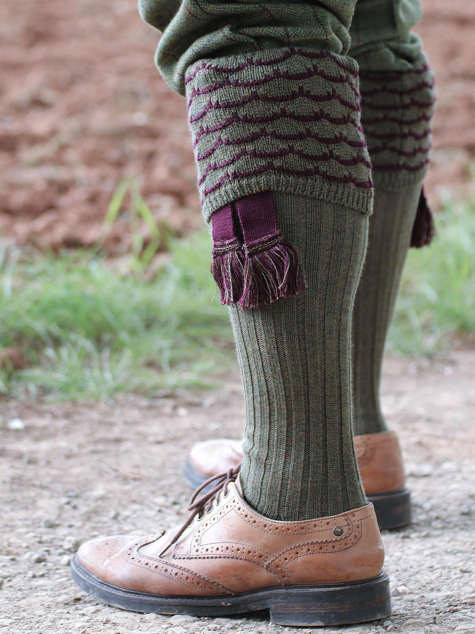 The Hopton Shooting Sock with Garter, Bracken & Mulberry