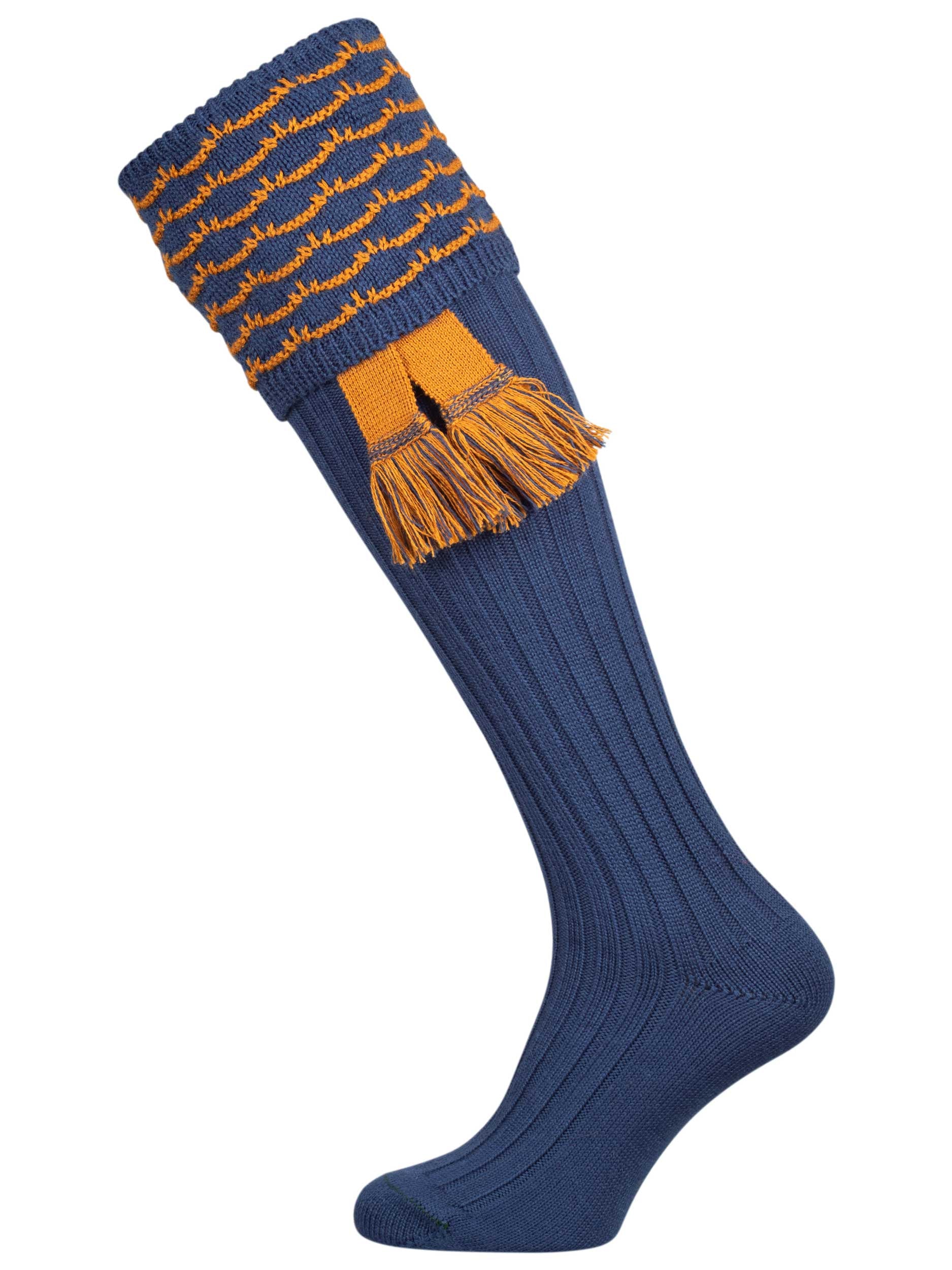 Traditional knitted shooting socks with ribbed leg in deep blue with a gold scallop stitch detail in the turnover top