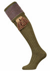 Mid green shooting sock, burgundy, blue-mix and camel pattern - optional camel garter tie