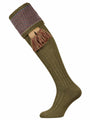 Mid green shooting sock, burgundy, blue-mix and camel pattern - optional camel garter tie
