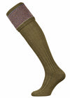 Mid green shooting sock with burgundy, blue mix and camel pattern