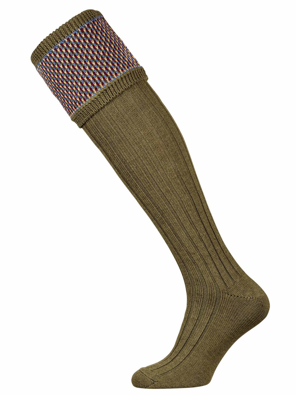 Mid green shooting sock with burgundy, blue mix and camel pattern