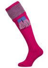 Pink knee-high sock with patterned top on a white background