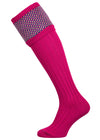 Pink knee-high sock with patterned top on a white background