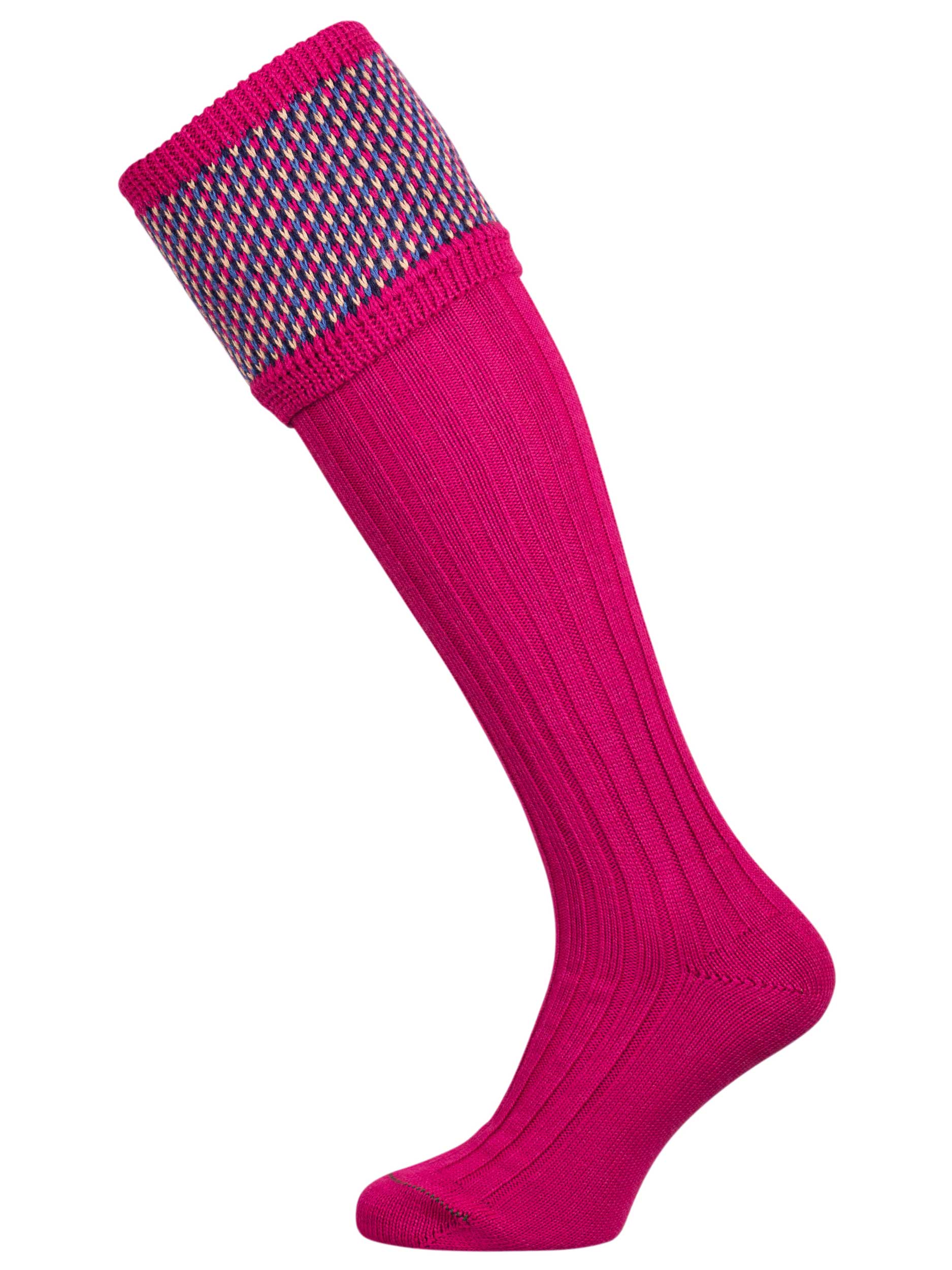 Pink knee-high sock with patterned top on a white background