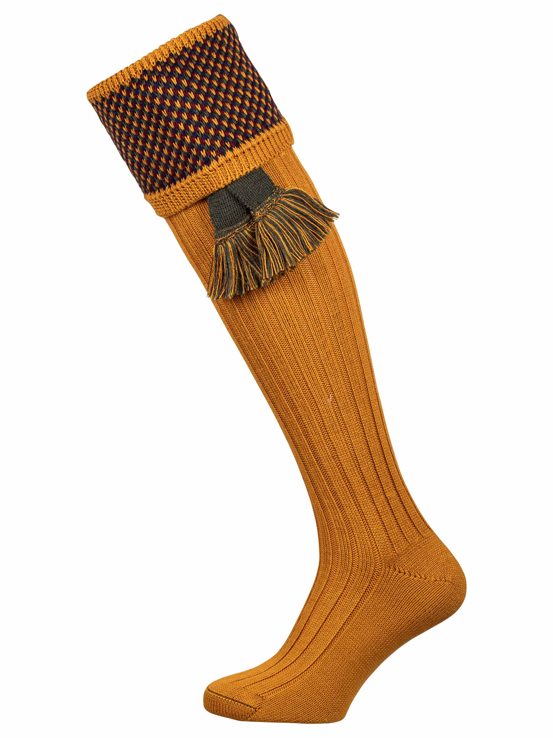 Full length gold knitted sock with pattern turnover and optional green garter tie.