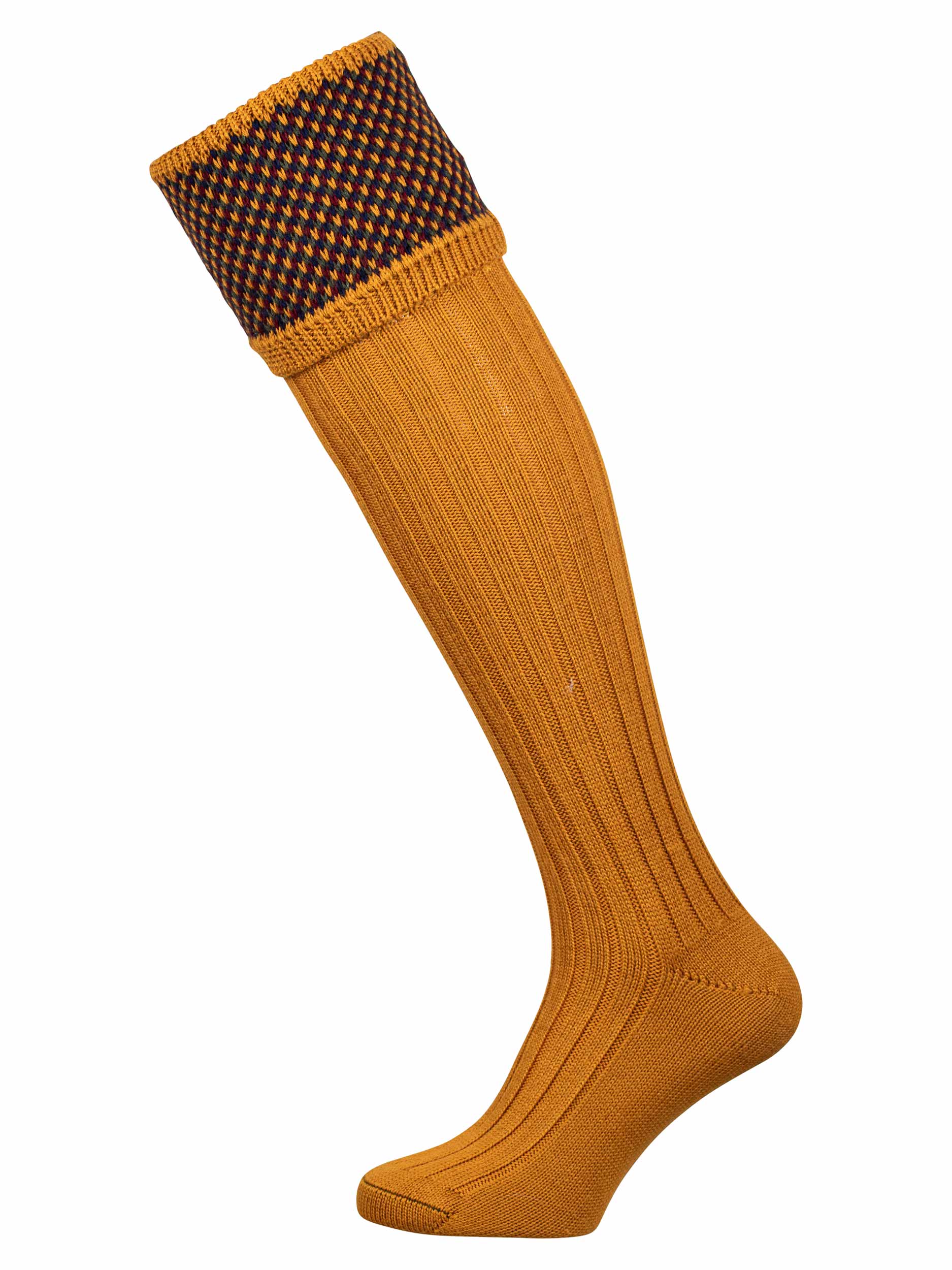 Full Length gold shooting sock with patterned turnover