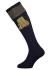 Wool shooting sock in navy blue with a sage green knitted pattern in the cuff