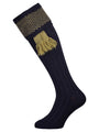 Wool shooting sock in navy blue with a sage green knitted pattern in the cuff
