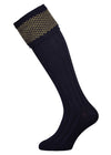 Wool shooting sock in navy blue with a sage green knitted pattern in the cuff