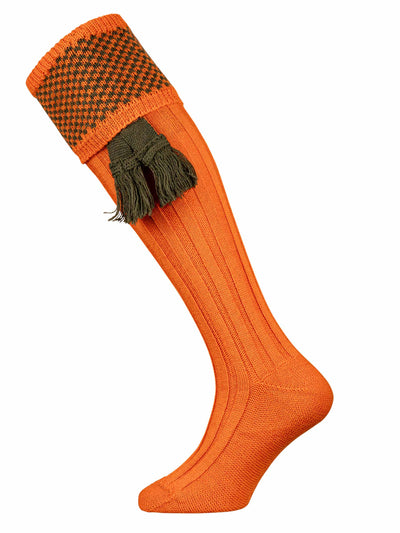 The Penrith Wool Shooing Sock, Orange with Green Pattern & Optional Green Garter Flash