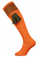 The Penrith Wool Shooing Sock, Orange with Green Pattern & Optional Green Garter Flash