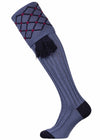 Dusky Blue merino wool shooting sock with navy blue and pink pattern and optional blue garter