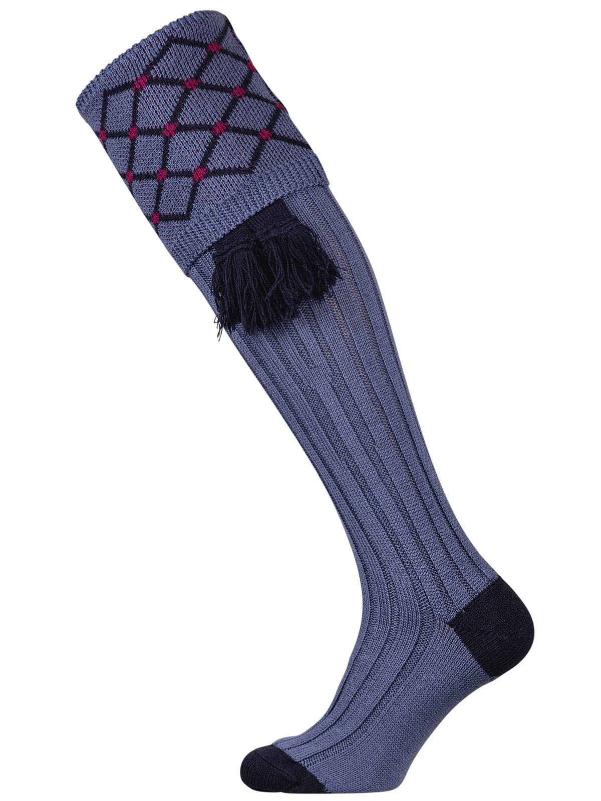 Dusky Blue merino wool shooting sock with navy blue and pink pattern and optional blue garter