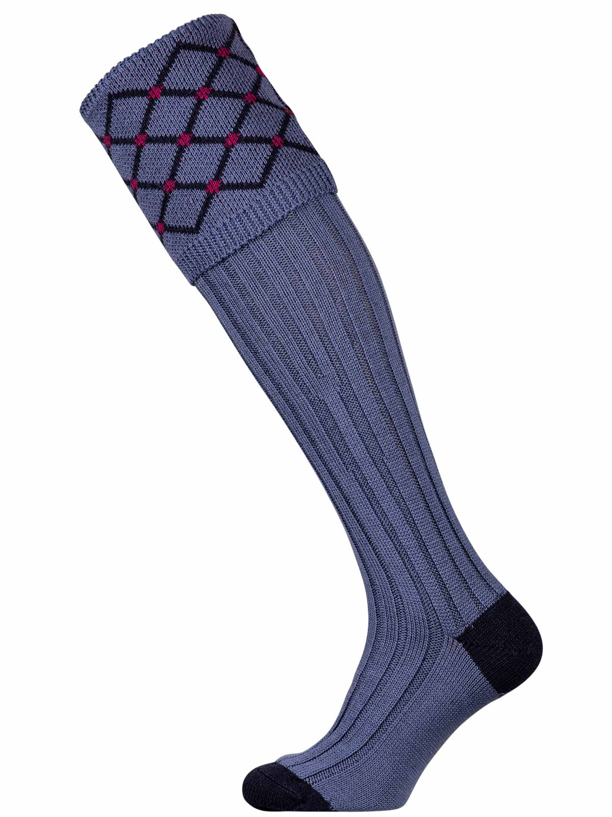 Dusky Blue merino wool shooting sock with navy blue and pink pattern.