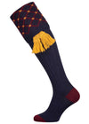 Merino wool shooting sock in navy blue with a gold and burgundy pattern knitted in the turnover