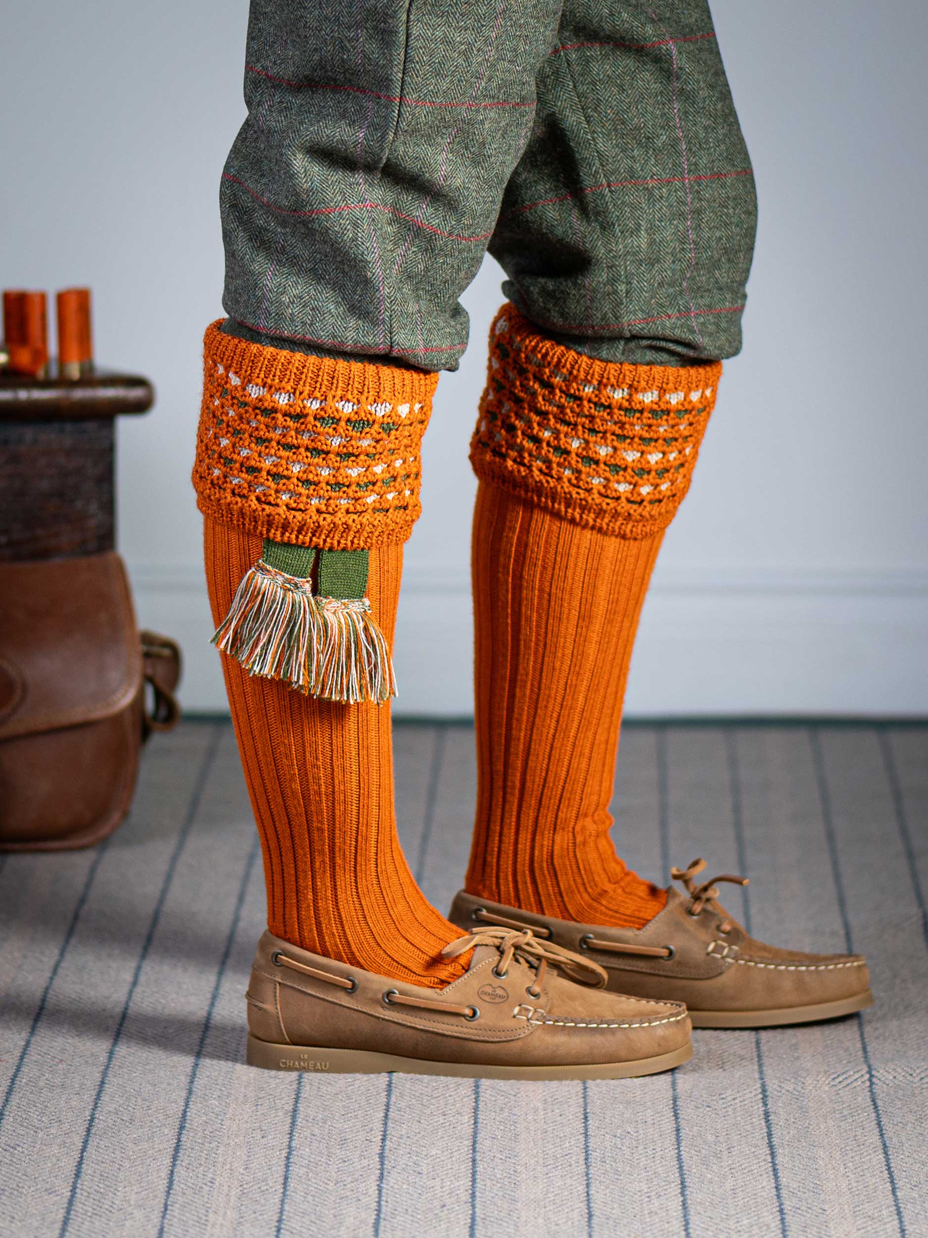 The Lady Honeycomb Shooting Sock & Garter, Burnt Orange