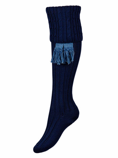 Women's navy blue shooting socks, suitable for sporting calf, with optional blue mix garter