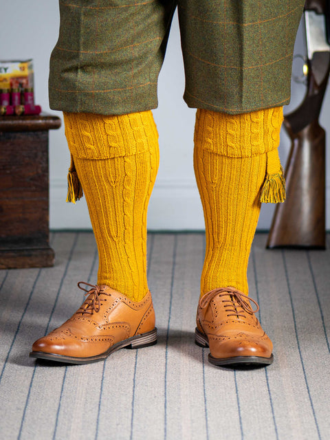 The Wye Cable Knit, Wide Calf Shooting Sock, Gold