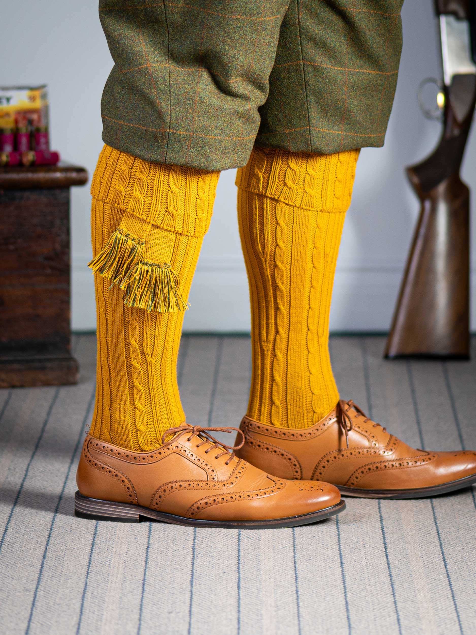 The Wye Cable Knit, Wide Calf Shooting Sock, Gold