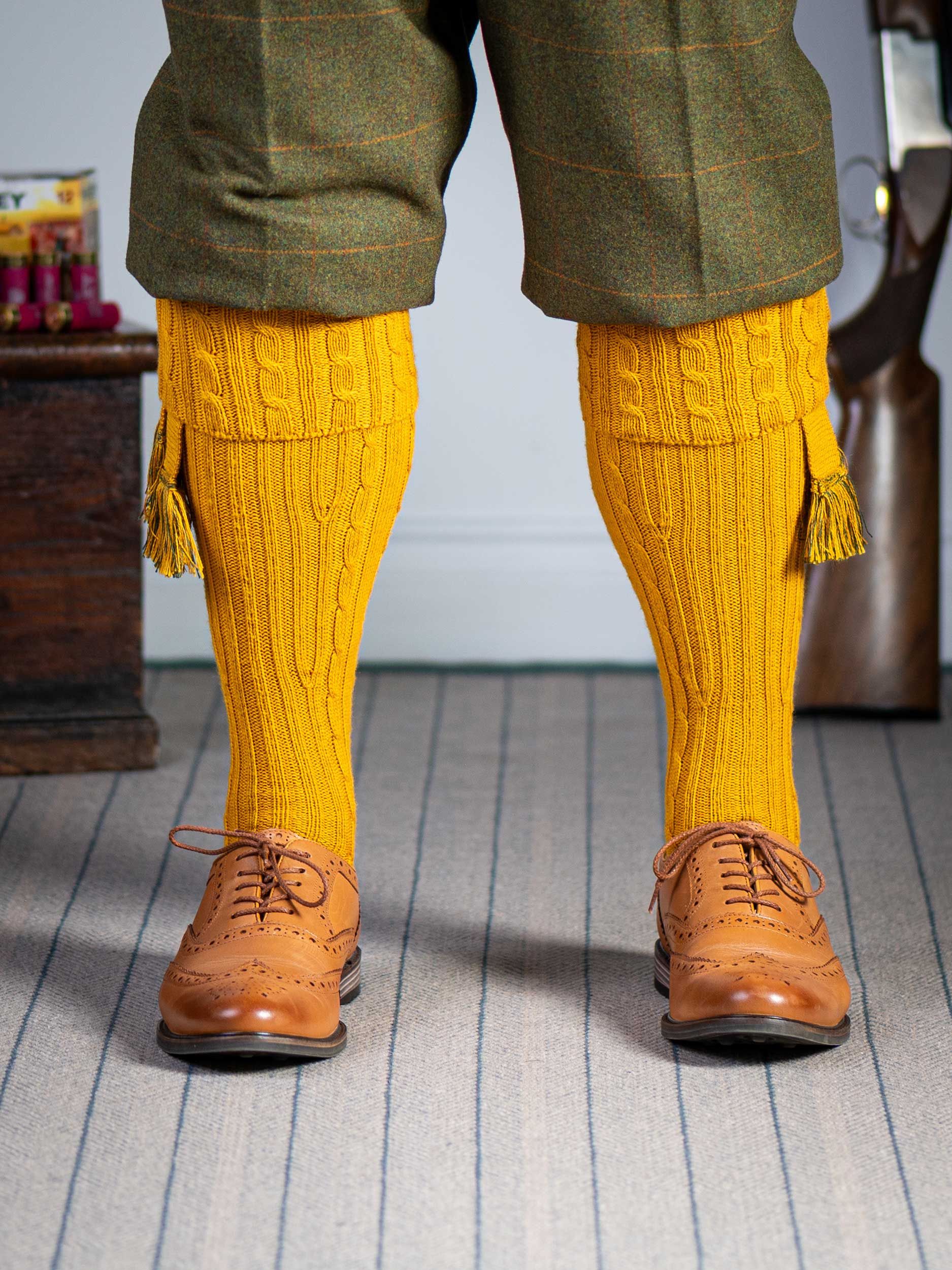 The Wye Cable Knit, Wide Calf Shooting Sock, Gold