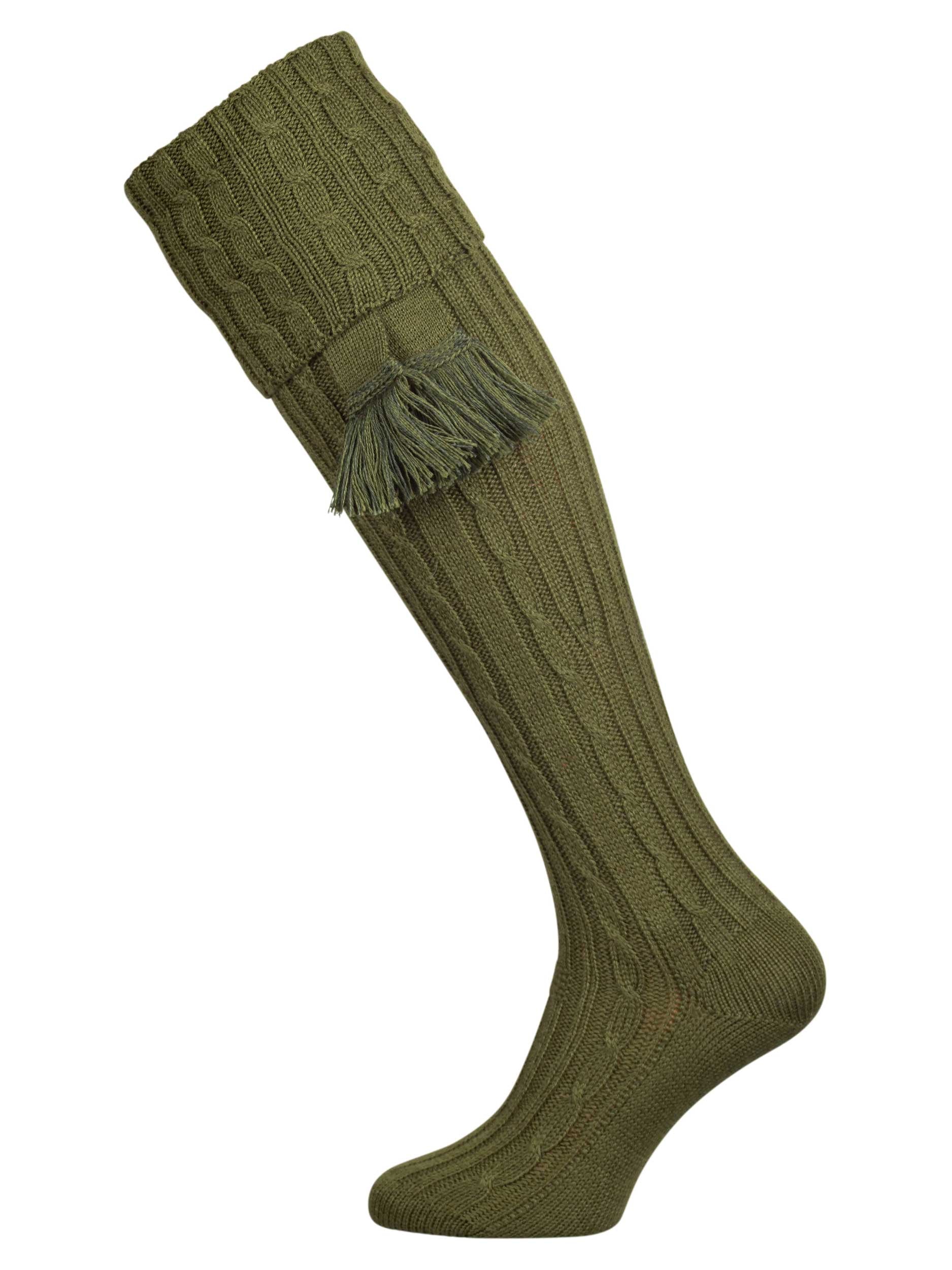 Knitted shooting socks with cable pattern though the leg and the turnover in khaki green