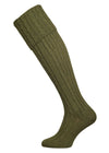 Knitted shooting socks with cable pattern though the leg and the turnover in khaki green