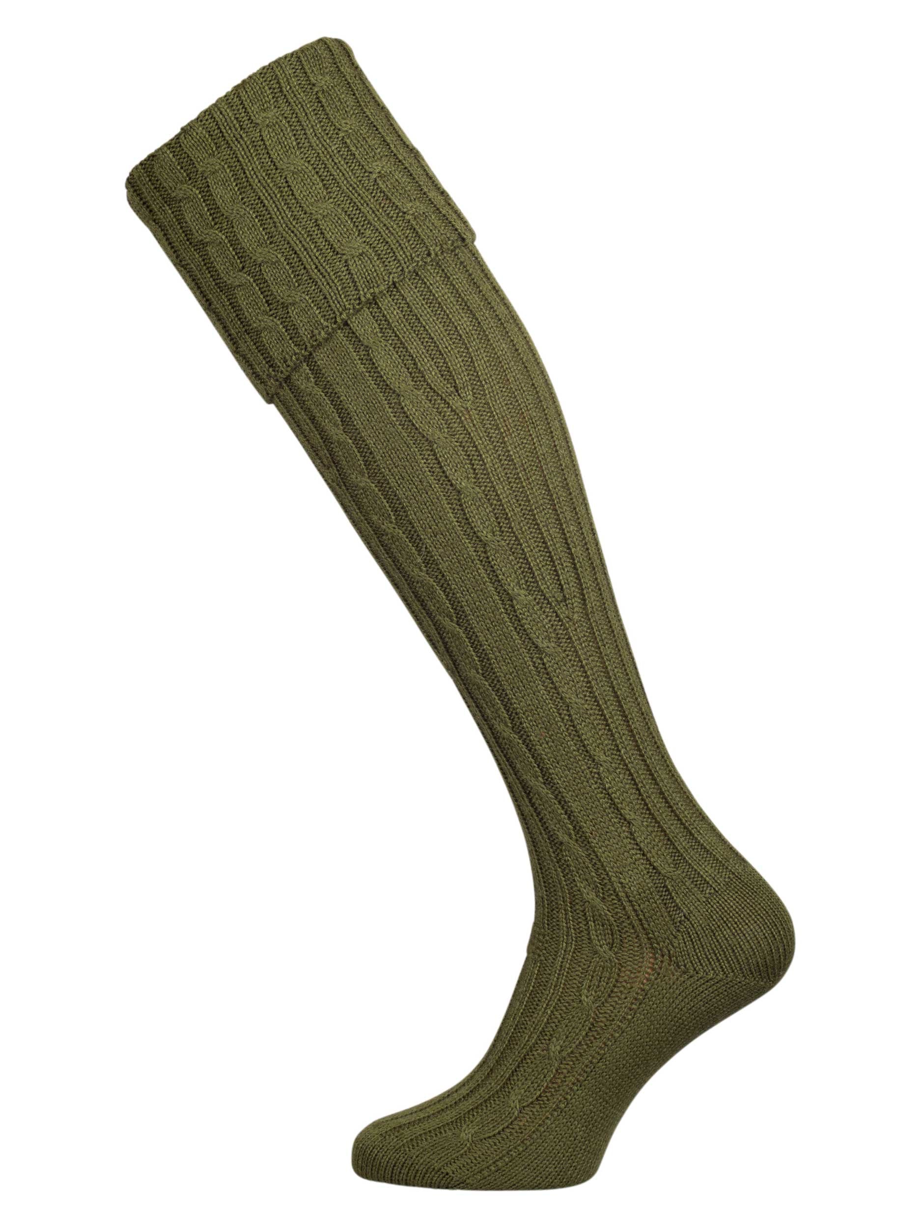 Knitted shooting socks with cable pattern though the leg and the turnover in khaki green