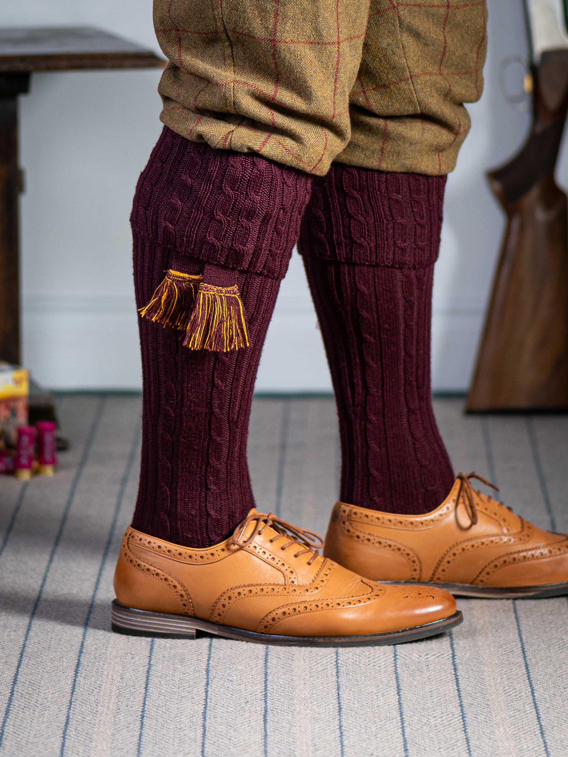 The Wye Cable Knit Shooting Sock, Rioja
