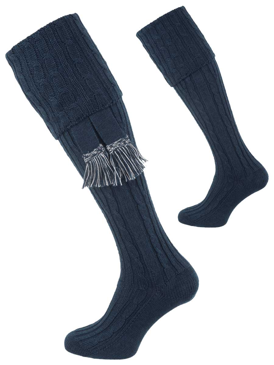 The Wye Cable Knit Shooting Sock, Indigo