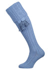 Knitted shooting socks with cable pattern though the leg and the turnover in sky blue
