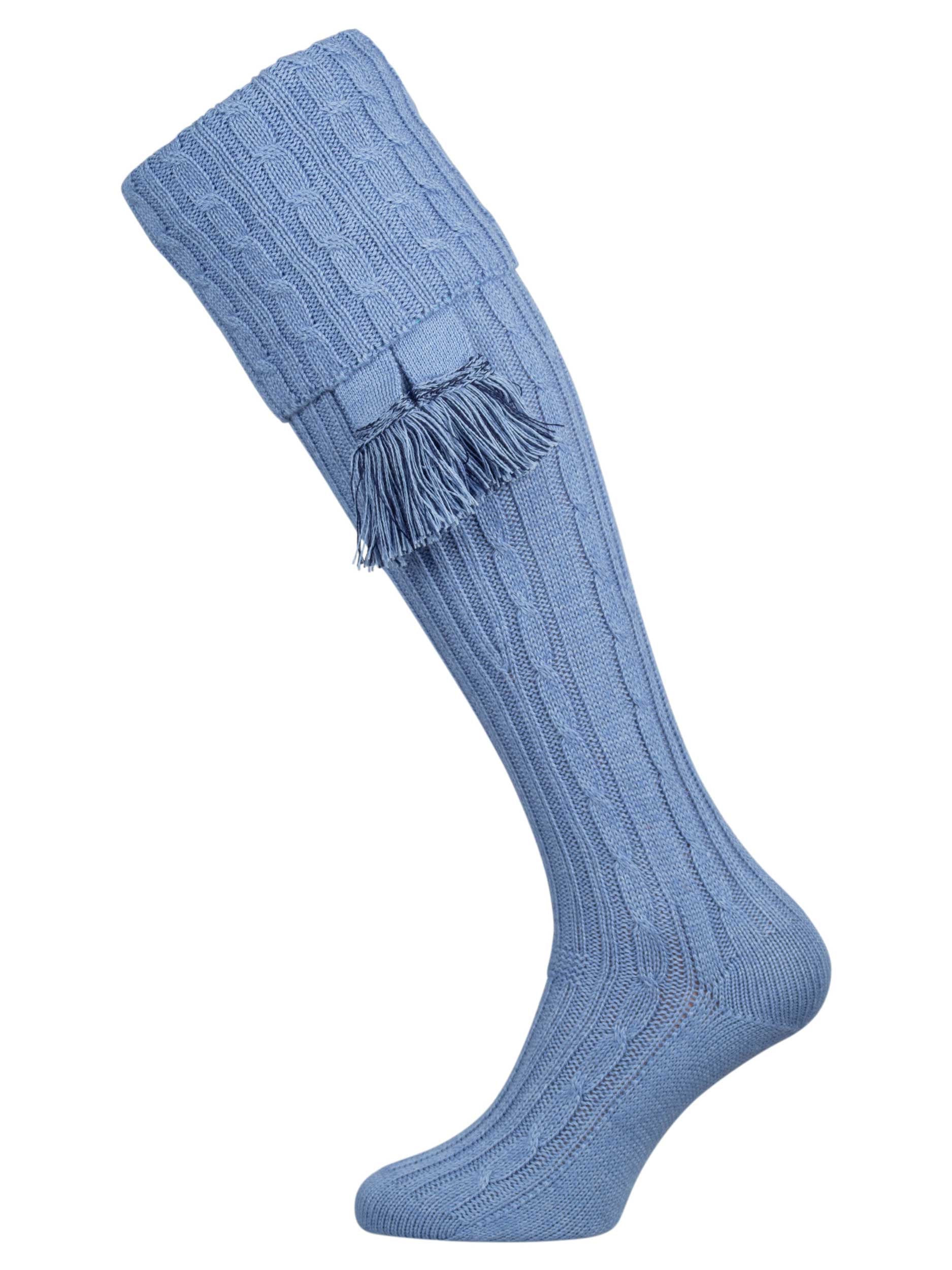 Knitted shooting socks with cable pattern though the leg and the turnover in sky blue