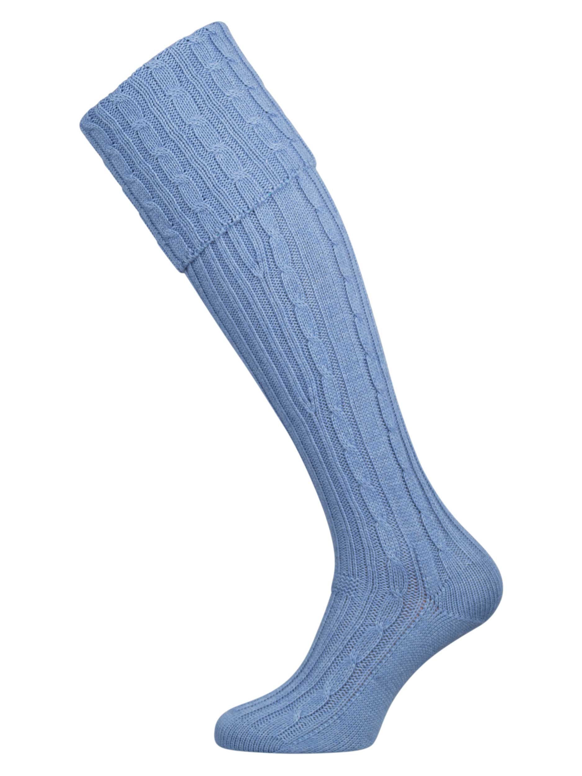 Knitted shooting socks with cable pattern though the leg and the turnover in sky blue