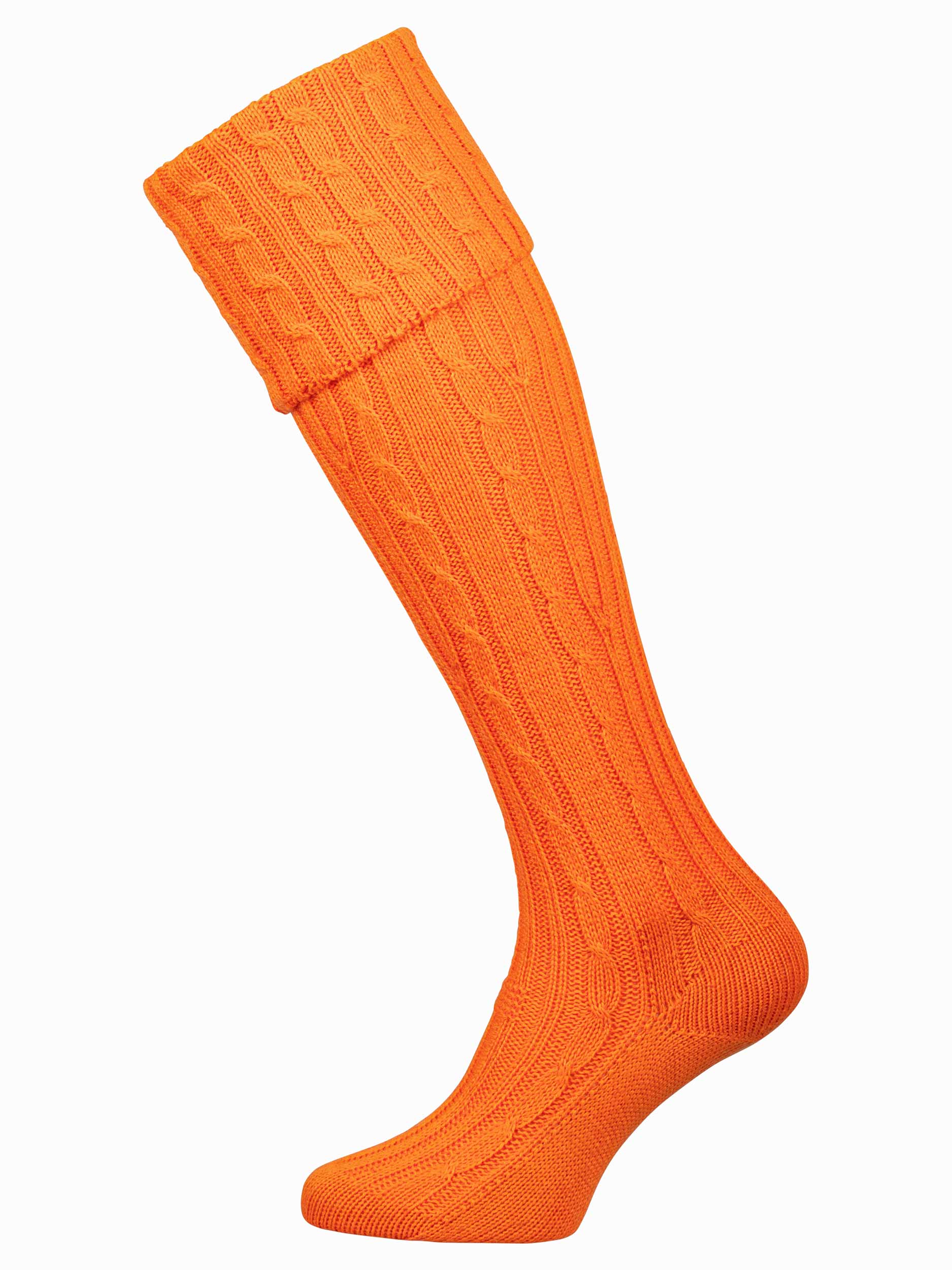 Bright orange knee high socks with cable detail in the leg.