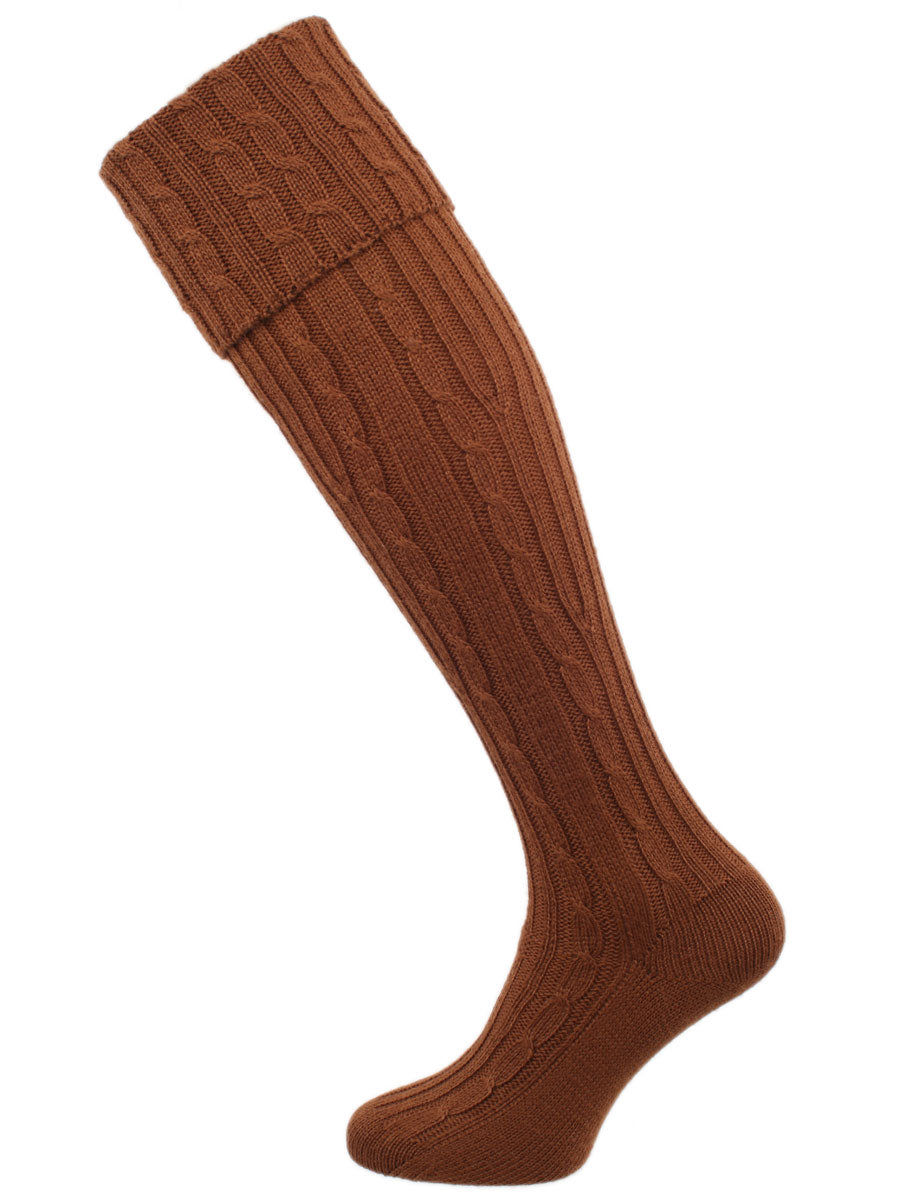 The Wye Cable Knit, Wide Calf Shooting Sock, Toffee