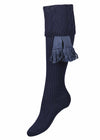 Women's navy blue knitted shooting sock with cable knit pattern in the turnover and optional st andrews blue garter