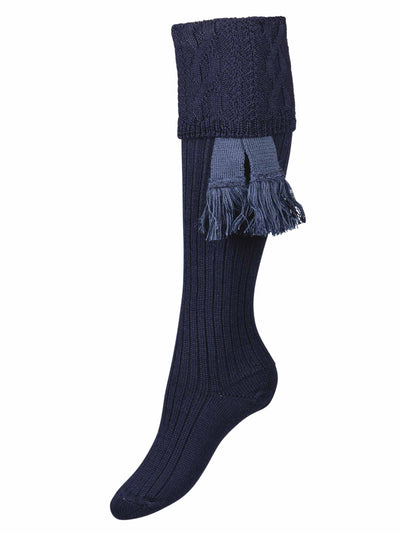 Women's navy blue knitted shooting sock with cable knit pattern in the turnover and optional st andrews blue garter