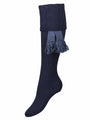 Women's navy blue knitted shooting sock with cable knit pattern in the turnover and optional st andrews blue garter