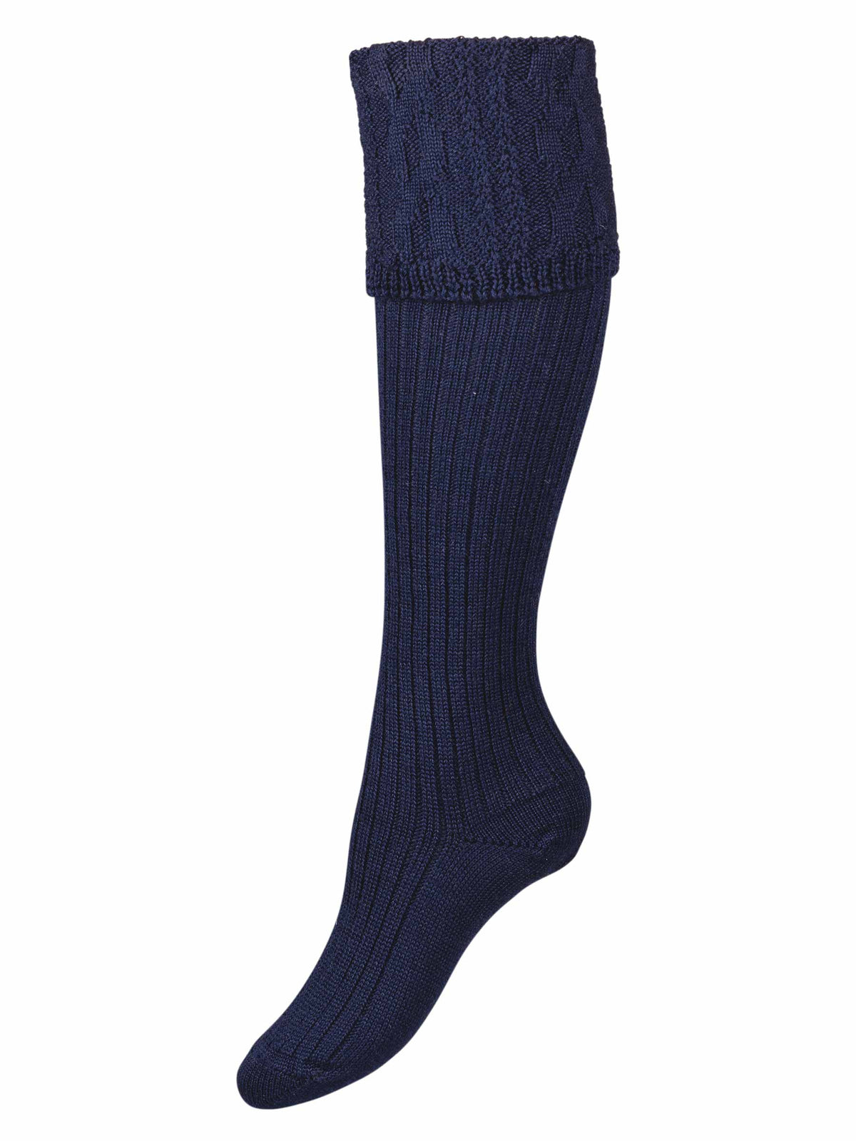 Women's navy blue knitted shooting sock with cable knit pattern in the turnover.
