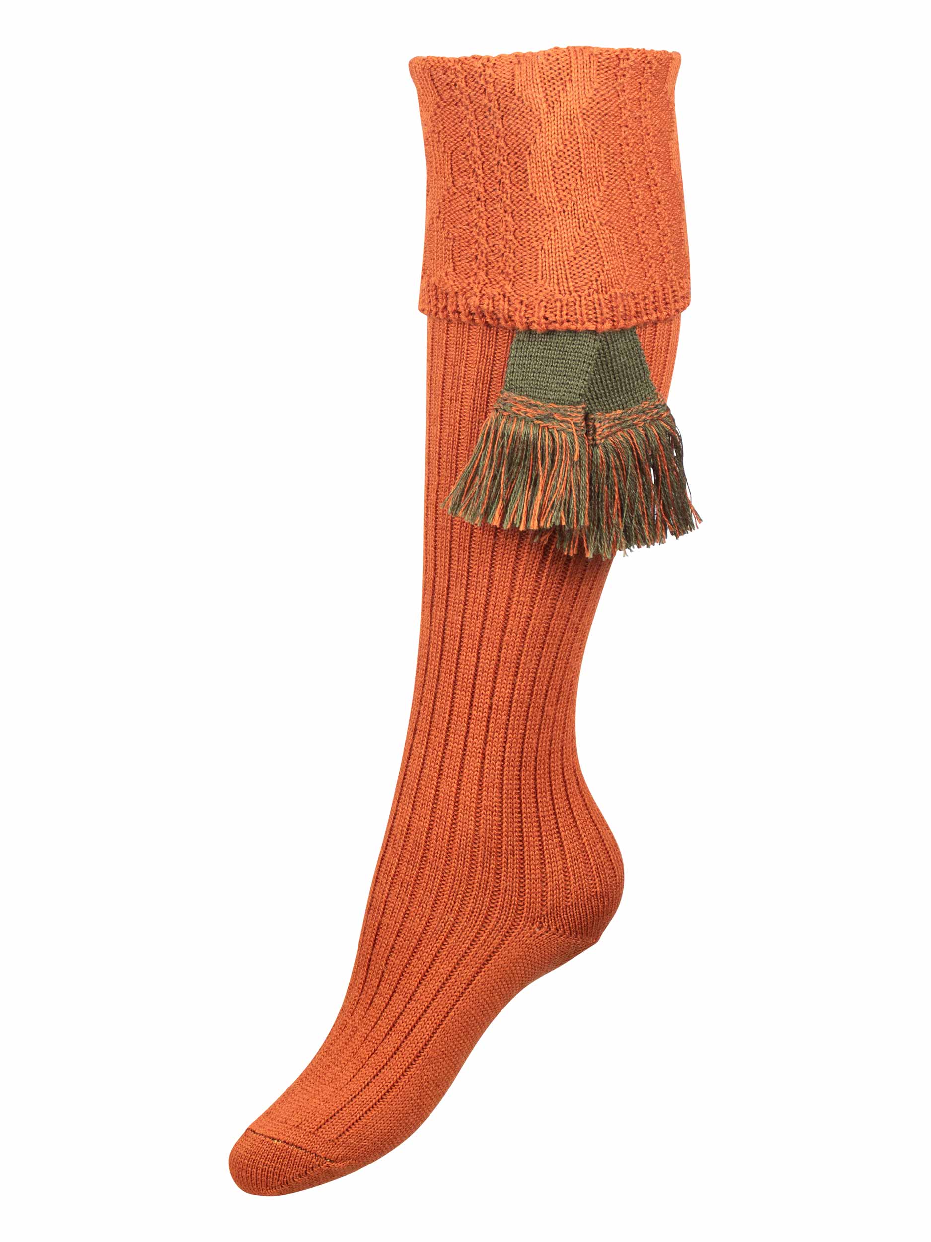 Orange knee high knitted shooting sock for women with optional green garter
