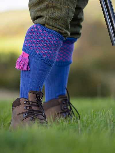 Denim Blue knitted long socks with patterned turnover